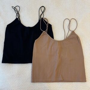 Women's Ribbed Spaghetti Strap Tank Top - Black & Tan